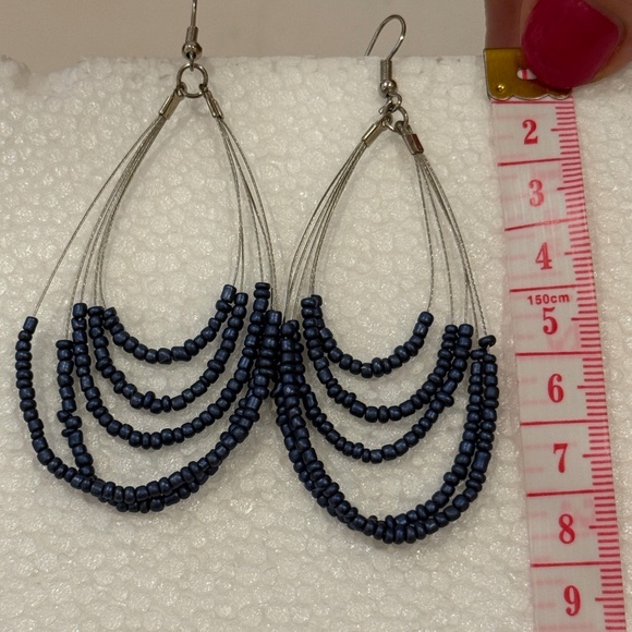 Blue & Grey Colored Beaded Dangle Earrings Women's - Picture 2 of 2